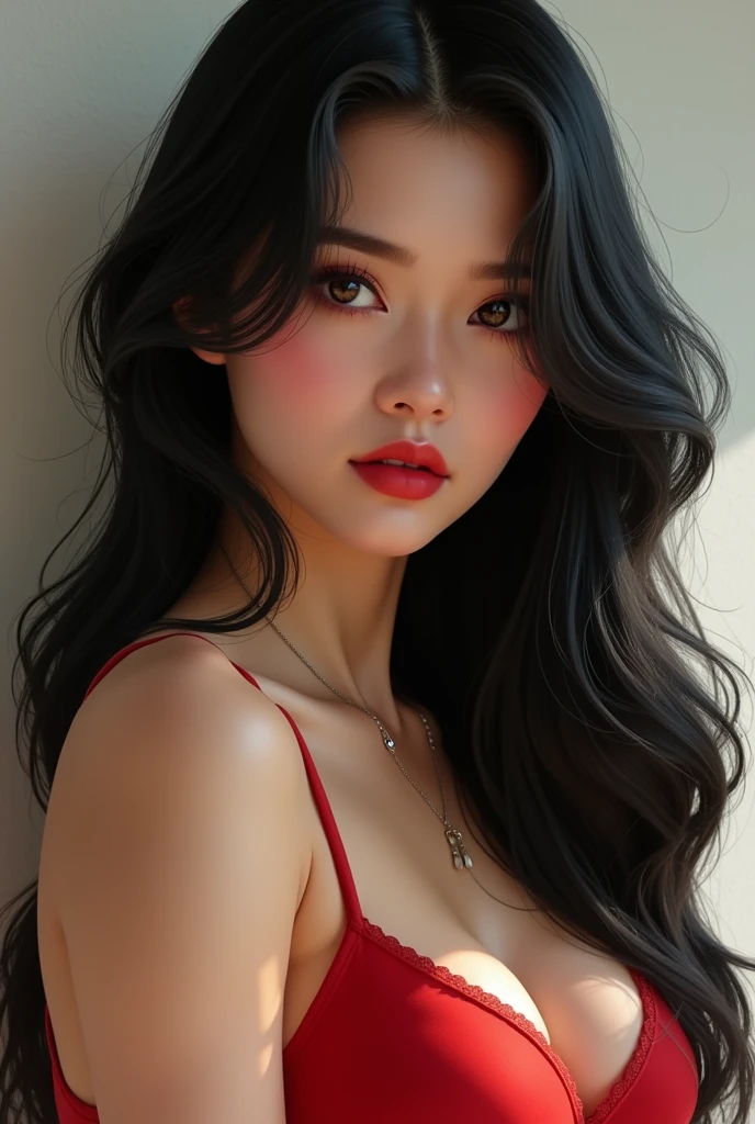 Beautiful woman, 19 years old, white skin, slightly tanned, full red lips, long black hair, large , slim and athletic.