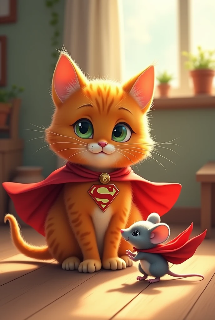 an orange cat with a superhero cape, that he meets a mouse with a superhero cape