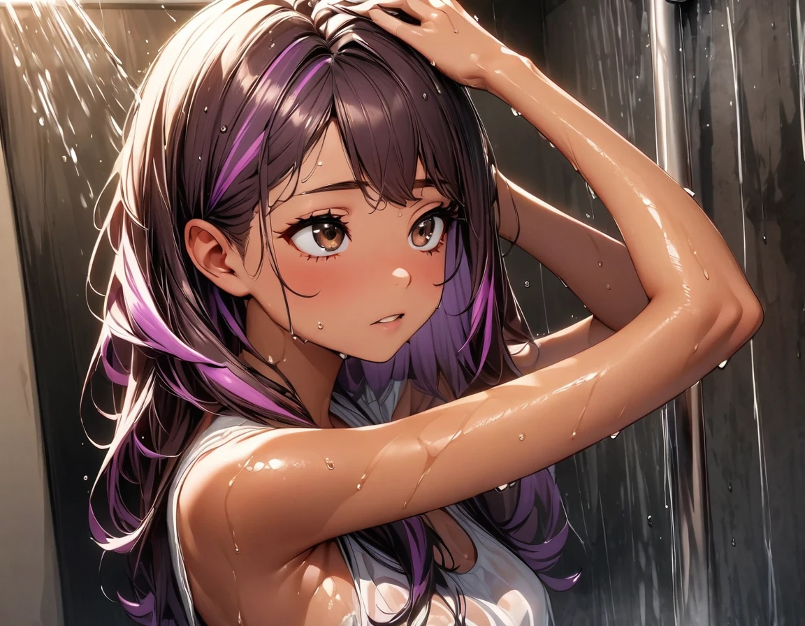 (highest quality:1.2, Very detailed, up to date, Vibrant, Ultra-high resolution, High Contrast, masterpiece:1.2, highest quality, Best aesthetics), Portraiture、girl, solo, (25-years-old:1), Bright colors、Beautiful fine details、Beautiful lip detail, long hair、black and purple ((streaked hair:1.6)), highlights hair: 1.5, brown eyes, ((slim body:1.4)), (small breast:0.7), (dark skin:0.3), (She is taking a shower from her head:1),hand on own head, (the shower is falling on her face:1), wet hair, in the shower room., (looking up:1), (upper body)