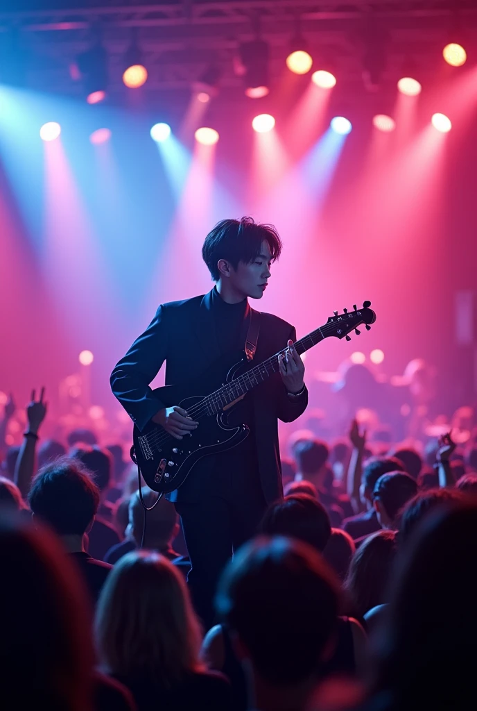 "/imagine a Korean jazz musician two block hair playing a semi-hollow guitar on stage, thousands of audience, neon lights, stylish Korean fashion"