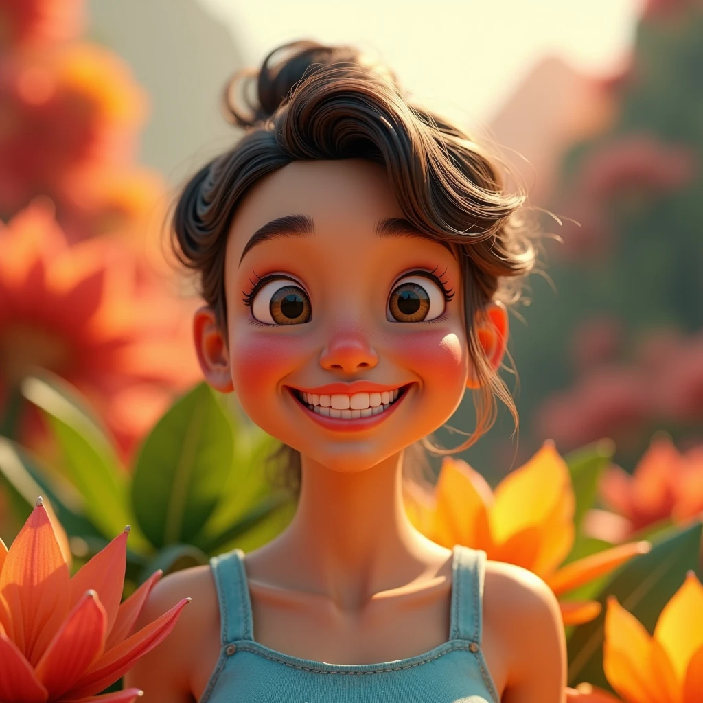 Create an ultra high-resolution 3D image of a healthy person smiling, with a vibrant and colorful background. Make sure the colors are eye-catching and intense to capture attention.."