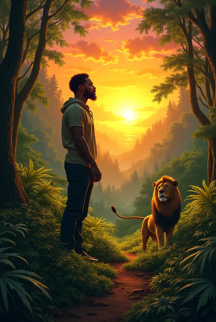 Create an image that shows the forest, the sunset, a black person and the lion, Reggae symbols and colors, add the lion to the image, add the person