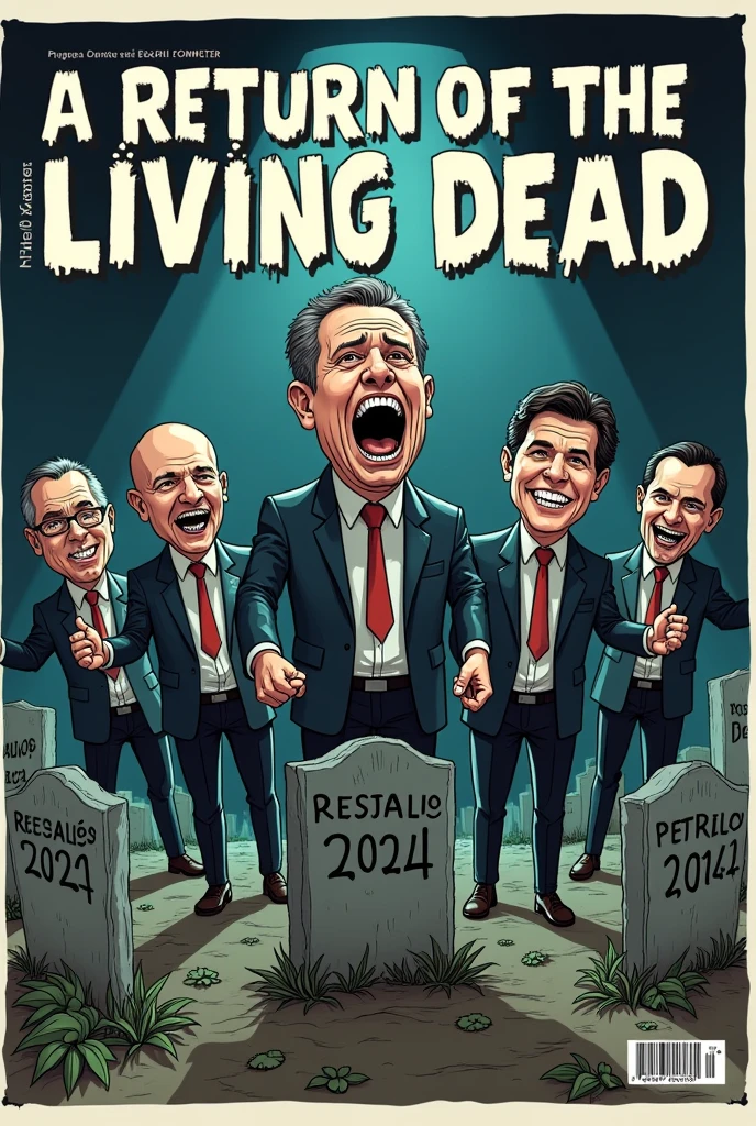 Make a Newspaper Cover with Title: The Pasquin, and the subtitle:“The Return of the Living Dead”: Politicians Who Never Die!” in Brazil Cover Illustration: A cartoon of politicians rising from graves labeled with corruption scandals like “Mensalão”, “Petrolão” and “CPI of NGOs”, everyone with smiles and holding “Reelection 2024” signs.