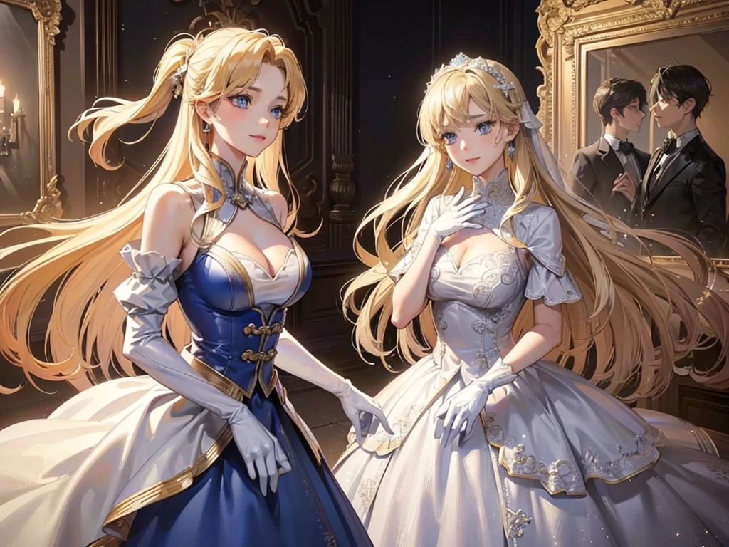 The social debut of lavishly dressed young ladies, Three young ladies, Medium Cut, Blonde Hair, Gold decoration, hair ornaments, (Blue Eyes:1.3), lize, SMILE, smile, Thighs, gloves, Waistline, Earrings, 白いgloves, 指なしgloves, leather trim, White Wedding Dress, ballroom dress, vision(Expert Preference), Leotard Dresses, REST outdoors, REST looking at the viewer, (Cowboy Shot:1. 1. 5)、(masterpiece:1.2)、Highest quality、High resolution、Unity Wallpaper 8k、(An illustration:0.8)、(Beautiful detailed eyes:1.6)、Highly detailed face、Perfect lighting、Highly detailed CG、(Perfect hands、Perfect Anatomy)、