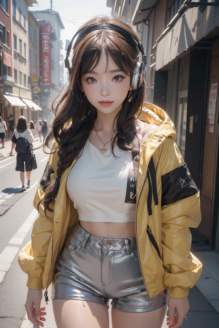 (((top-quality, 8K,超A high resolution、ultra-detailliert))),1girl in,female high-school student,a beauty girl,Street attire,((Hooded Neon Over Jacket,shortpants,backpack))、((Wearing large headphones around your neck))、(Shorthair with light brown hair,Colorful Extended Hair),perfectbody,skinny, Tied waist,Beautiful face, acurate, Anatomically correct, Highly detailed face and skin texture, Big eyes drawn in detail, Double eyelids, Thin eyebrows, Glitter Eyeliner: 1 Natural cheeks, Glossy skin, Fair skin: 1.2, (Glossy lips: 1.4),Highly detailed facial and skin texture, Detailed eyes, Double eyelids, Natural cheeks, , shiny lips: 1.4,Simple necklace and earrings,Smile and watch the viewer,Walking in the city,【Not blurry,profetional lighting,Professional effects、(masutepiece: 1.3), (max resolution: 1.2), (Ultra HDTV: 1.2),octanerender, Fujifilm X100, Intense cinematic shots, Shallow depth of field, Volumetric lighting, kintsugi,(8K、Raw photography、​masterpiece:1.4)、(realisitic、Photorealsitic:1.37)、Shot with CineStill 800T、(Extreme top quality:1.3)、((depth of fields:))、absurderes、(超A high resolution、extremery detailed CG、hight resolution、realisitic、ultra-detailliert、a picture、A hyper-realistic、ultra-detailliert、Cinematic atmosphere、8K UHD、insanely detaileda、trending on artstationh、awardwinning photo、extremely detailed photo、hight resolution:1.5)】No tags or text