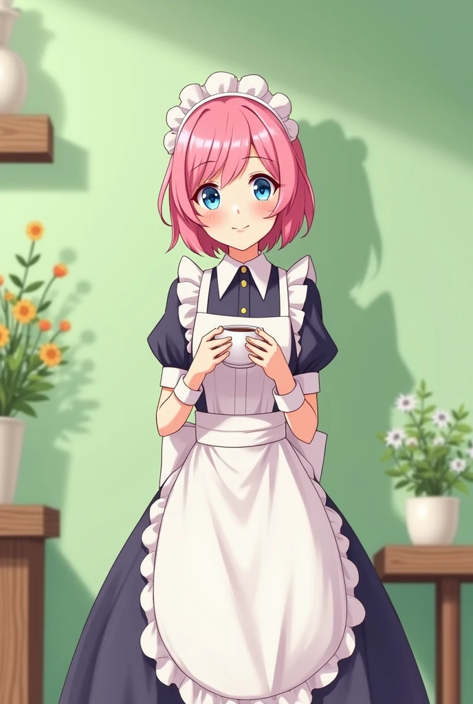 Cafe maid holding a cup of coffee with short pink hair, blue eyes, a sensual and happy expression, age range between 18 and 26 years, anime style completely in 2D, with pastel colors, with a completely green background