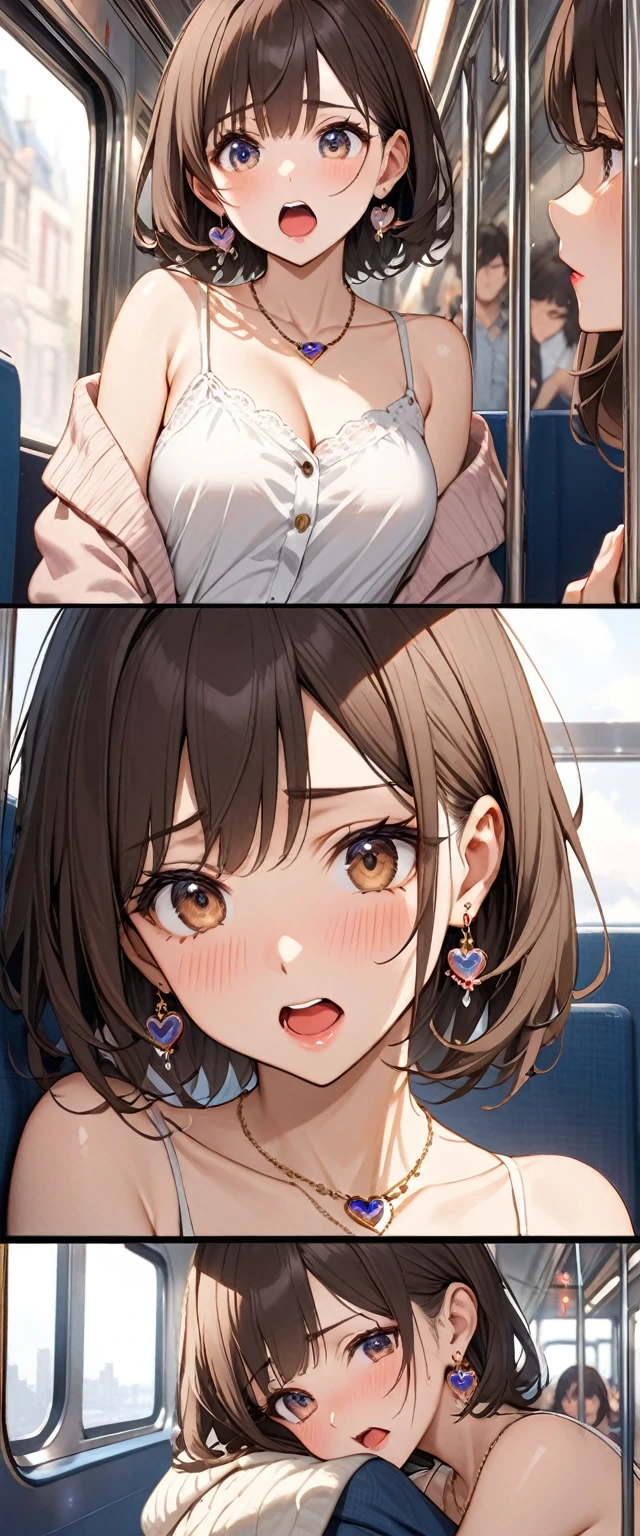 (32K:1.9, Highest quality, masterpiece, Ultra-high resolution, Professional low-angle camerawork:1.5, Highly detailed skin and face textures:1.4), Always accurate, Very detailed, bag, (25 year old cute Japan woman, Camisole dress and cardigan:1.5, Incredibly slim body:1.3, No areola visible:1.4, Big breasts on the verge of collapse), (Crowded train:1.5, Crazy behavior:1.6, A man touches a woman's body:1.8), belt, Fair skin, elegant, sense of cleanliness, Thin eyebrows, (Big eyes that exude beautiful eroticism:0.4, Her facial expression when she feels that she is being caressed intensely:1.0, The expression when receiving pleasure:1.0, Expressions of drowning in pleasure:1.0, I despise you from the bottom of my heart:0.8, Open your mouth a little, lipstick, Feel the beautiful eroticism:0.9, Dark brown medium hair), Earrings, necklace, bracelet, romantic, mysterious, Object of admiration, original, dramatic, artistic, Innovative, charm, Heartful, Fancy, Tilt, sense of loss, special, ((exciting, Extreme, sense of openness, suffering, expressions of suffering)), (((Mistakes of youth, Feminine charm)))