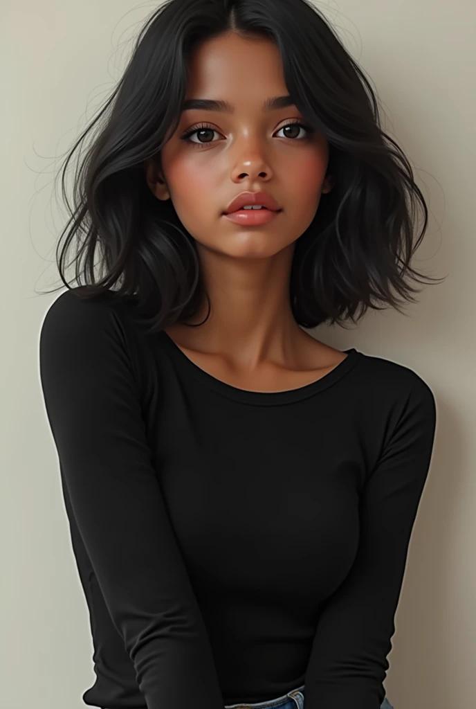 Girl with brown skin, glasses, black eyes, black shoulder length hair with black clothes full body
, thick lips