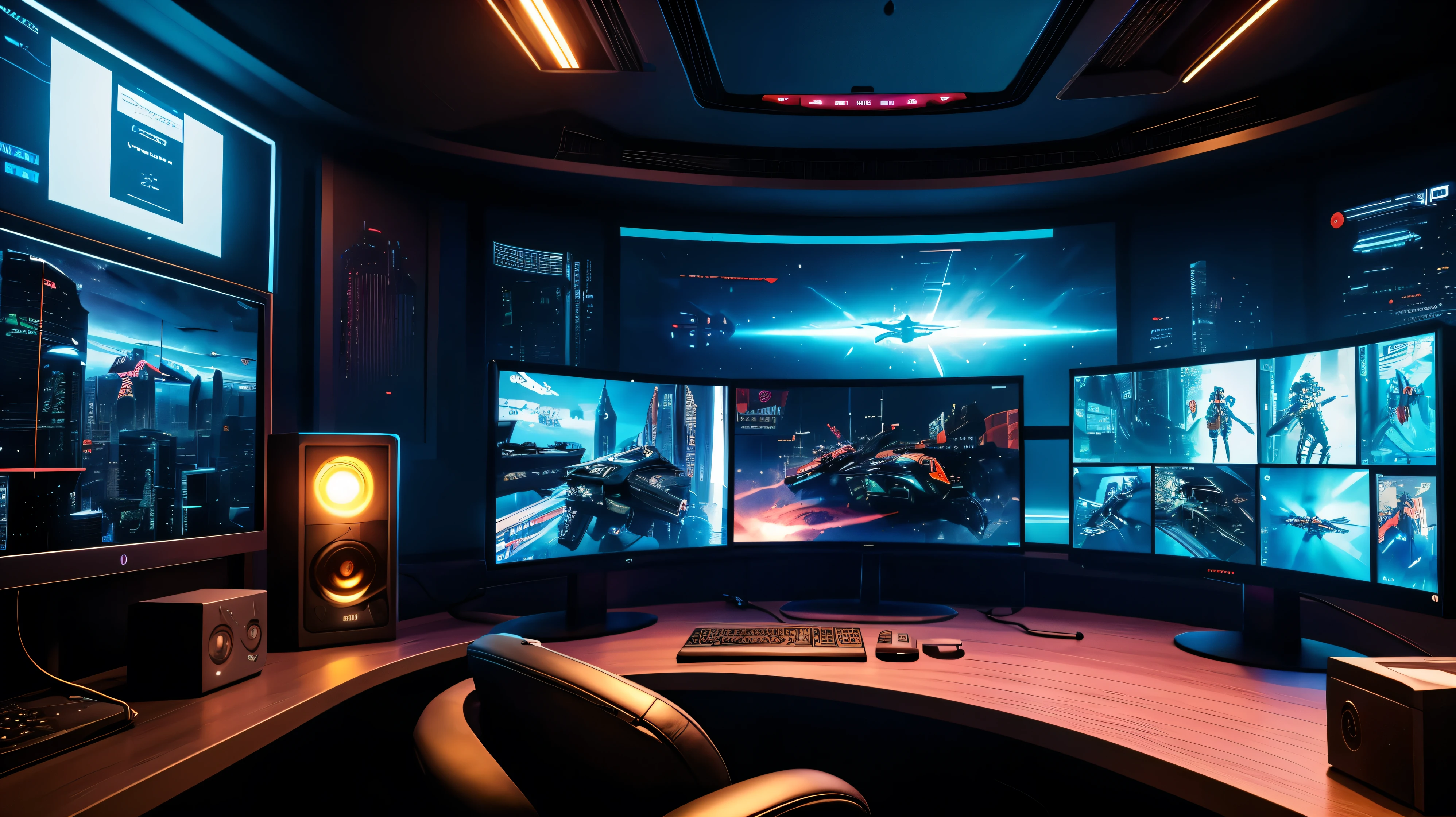 scifi, cyberpunk, futuristic, pc gaming room, hightech, daylight, cozy, much space, wide angle, a lot of tech, 3 flat monitors, monitor ratio 21:9, monitor size 34 zoll, ambient light, year 2124, cinematic