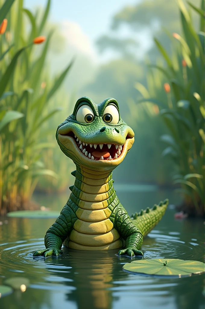 A happy and smiling crocodile in its natural habitat, a river full of vegetation