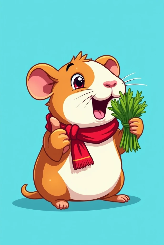 Create a LOGO of a guinea pig eating alfalfa and raising its thumb with a blue background and a red scarf around its neck