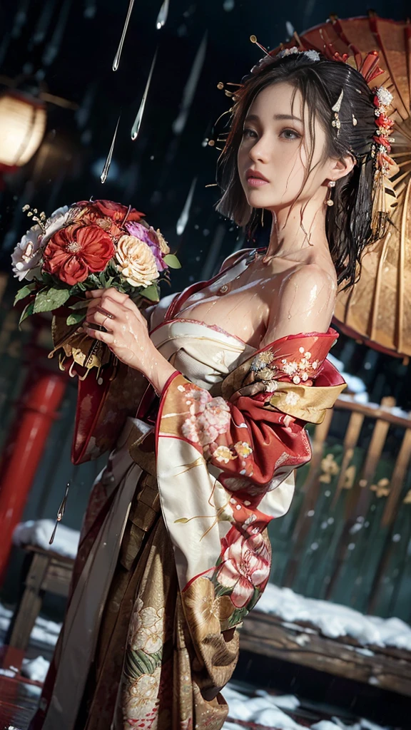((Low angle shooting:1.5)), (Photoreal:1.4, 8K, highest quality, masterpiece, ultra high resolution), ((heavy snow)), perfect dynamic composition:1.2, (In front of the shrine at night during the Taisho period, expression of sadness:0.9), (go up the stairs:0.9, View from directly below:0.9), Highly detailed skin and facial textures:1.2, Skinny prostitute in the rain:1.3, Fair skin:1.2, sexy beauty:1.1, perfect style:1.2, beautiful and aesthetic:1.1, very beautiful face:1.2, water droplets on the skin, (rain drips all over my body:1.2, wet body:1.2, wet hair:1.3), (Professional kimono dressing:1.1, Holding a wet bouquet:1.2, Wet Courtesan Costume:1.35), (Medium chest, Bra is sheer, Chest gap), (Big eyes that exude beautiful eroticism:0.8, Lips that exude beautiful eroticism:0.8, Too erotic:0.8, Bewitching:0.8), necklace, earrings, bracelet