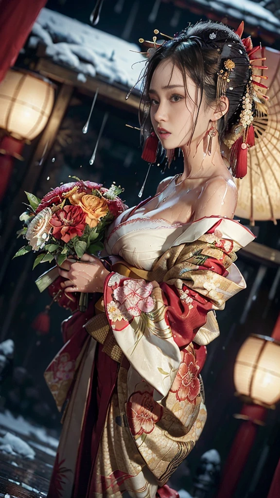 ((Low angle shooting:1.5)), (Photoreal:1.4, 8K, highest quality, masterpiece, ultra high resolution), ((heavy snow)), perfect dynamic composition:1.2, (In front of the shrine at night during the Taisho period, expression of sadness:0.9), (go up the stairs:0.9, View from directly below:0.9), Highly detailed skin and facial textures:1.2, Skinny prostitute in the rain:1.3, Fair skin:1.2, sexy beauty:1.1, perfect style:1.2, beautiful and aesthetic:1.1, very beautiful face:1.2, water droplets on the skin, (rain drips all over my body:1.2, wet body:1.2, wet hair:1.3), (Professional kimono dressing:1.1, Holding a wet bouquet:1.2, Wet Courtesan Costume:1.35), (Medium chest, Bra is sheer, Chest gap), (Big eyes that exude beautiful eroticism:0.8, Lips that exude beautiful eroticism:0.8, Too erotic:0.8, Bewitching:0.8), necklace, earrings, bracelet