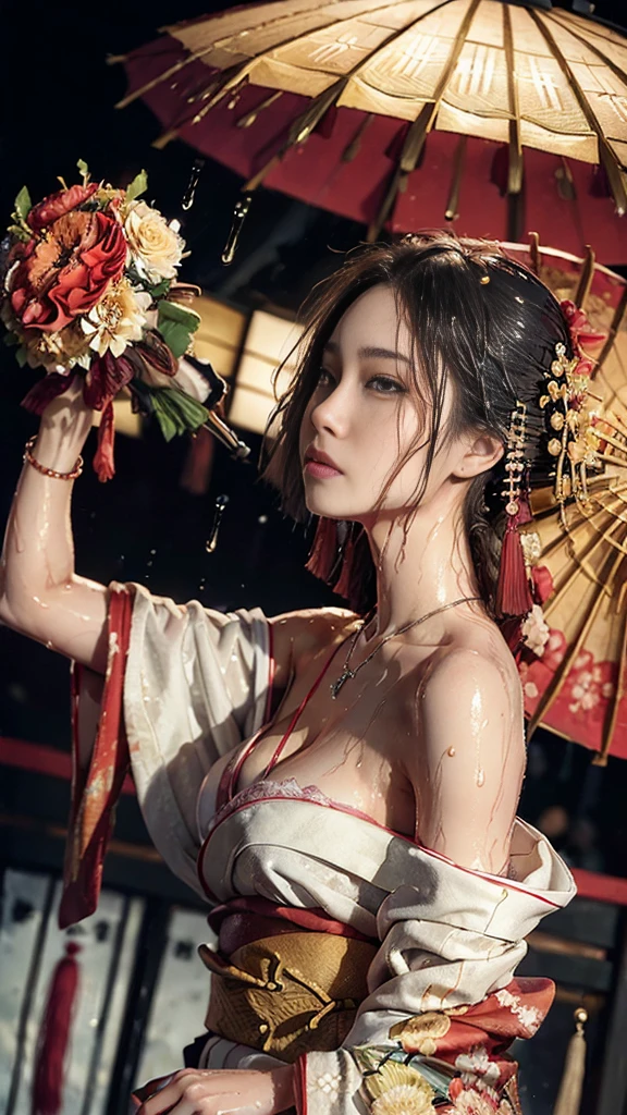((Low angle shooting:1.5)), (Photoreal:1.4, 8K, highest quality, masterpiece, ultra high resolution), ((heavy snow)), perfect dynamic composition:1.2, (In front of the shrine at night during the Taisho period, expression of sadness:0.9), (go up the stairs:0.9, View from directly below:0.9), Highly detailed skin and facial textures:1.2, Skinny prostitute in the rain:1.3, Fair skin:1.2, sexy beauty:1.1, perfect style:1.2, beautiful and aesthetic:1.1, very beautiful face:1.2, water droplets on the skin, (rain drips all over my body:1.2, wet body:1.2, wet hair:1.3), (Professional kimono dressing:1.1, Holding a wet bouquet:1.2, Wet Courtesan Costume:1.35), (Medium chest, Bra is sheer, Chest gap), (Big eyes that exude beautiful eroticism:0.8, Lips that exude beautiful eroticism:0.8, Too erotic:0.8, Bewitching:0.8), necklace, earrings, bracelet
