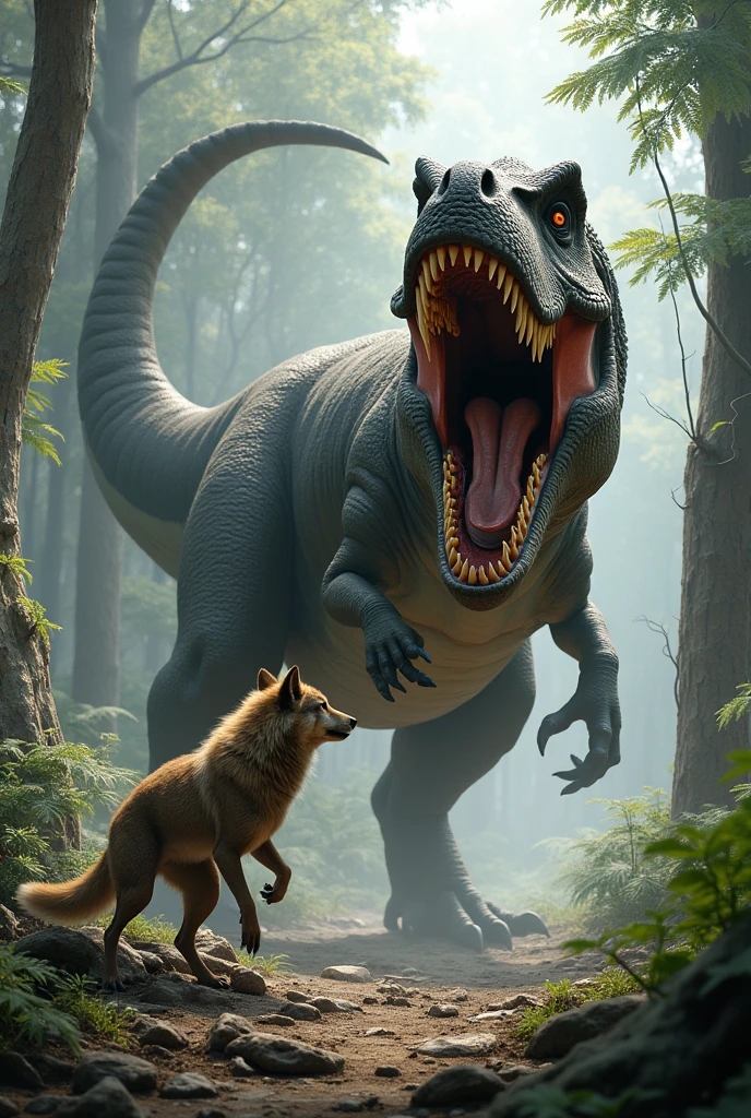 Generate an image of a Tyrannosaurus striking a Wolf with its tail
