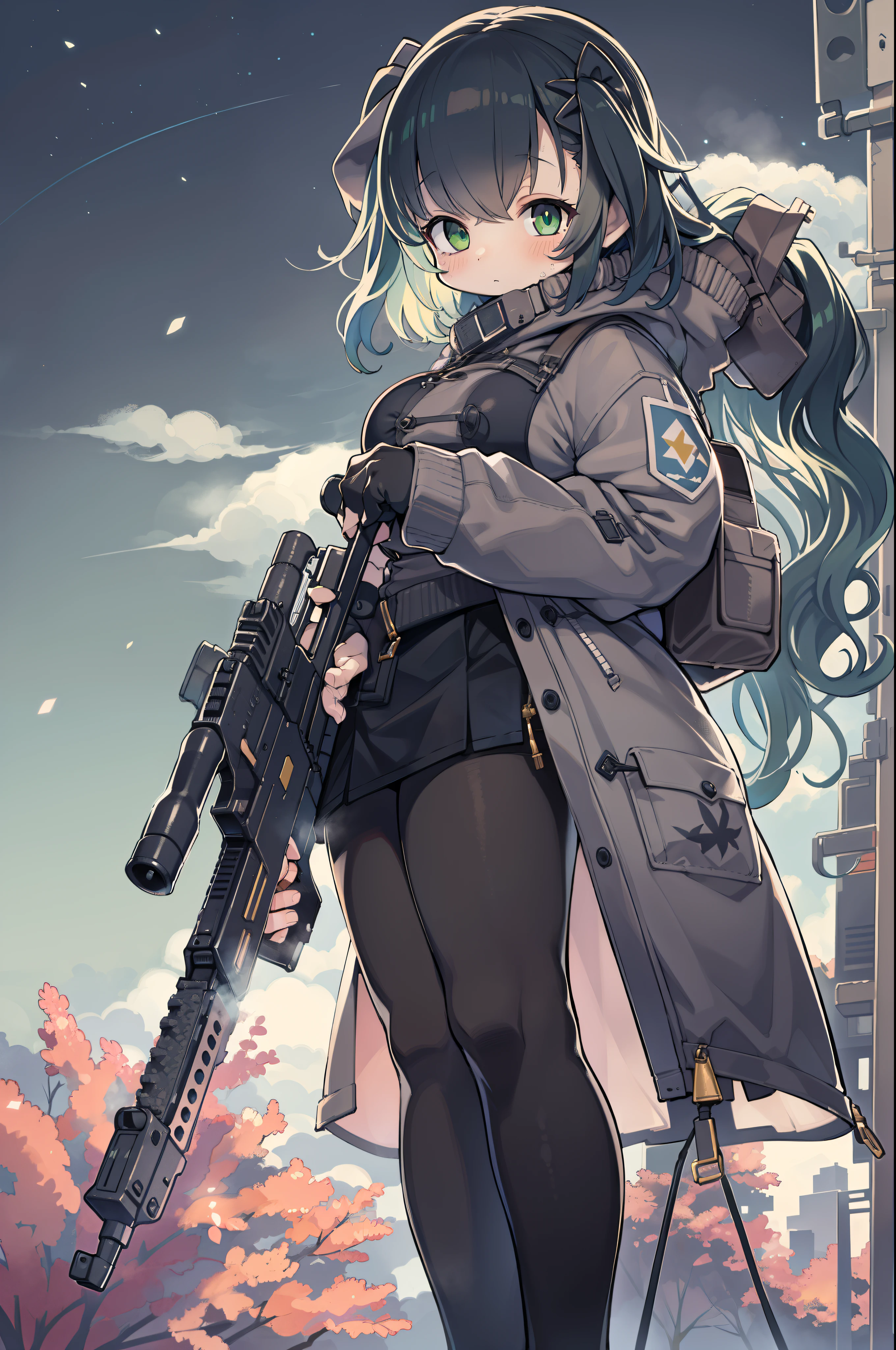 Hold a huge assault rifle、Long sideburns、Anime-style girl with beautiful whole body, clean detailed faces, ciber,analogous colors, Glowing shadows, beautiful gradients, depth of fields, CLEAN IMAGE, High quality,Black Parker Closing、 high detailing, High Definition, blush, Fit, Heavenly Beauty, Very detailed, Soft lighting, Full body,Green&Black hair,Green eyes、huge-breasted、From below