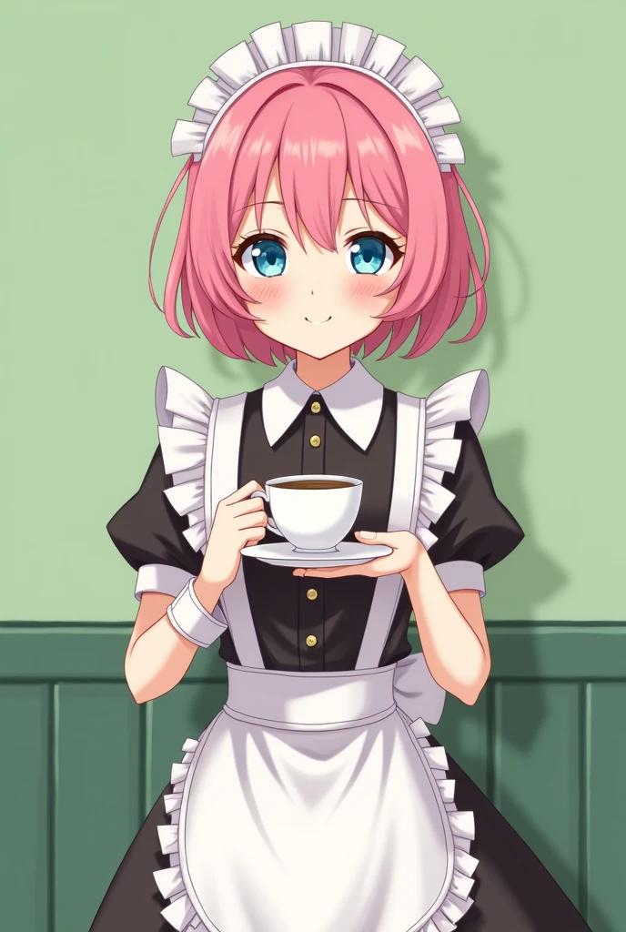 Cafe maid holding a cup of coffee with short pink hair, blue eyes, a sensual and happy expression, age range between 18 and 26 years, anime style completely in 2D, with pastel colors, with a completely green background