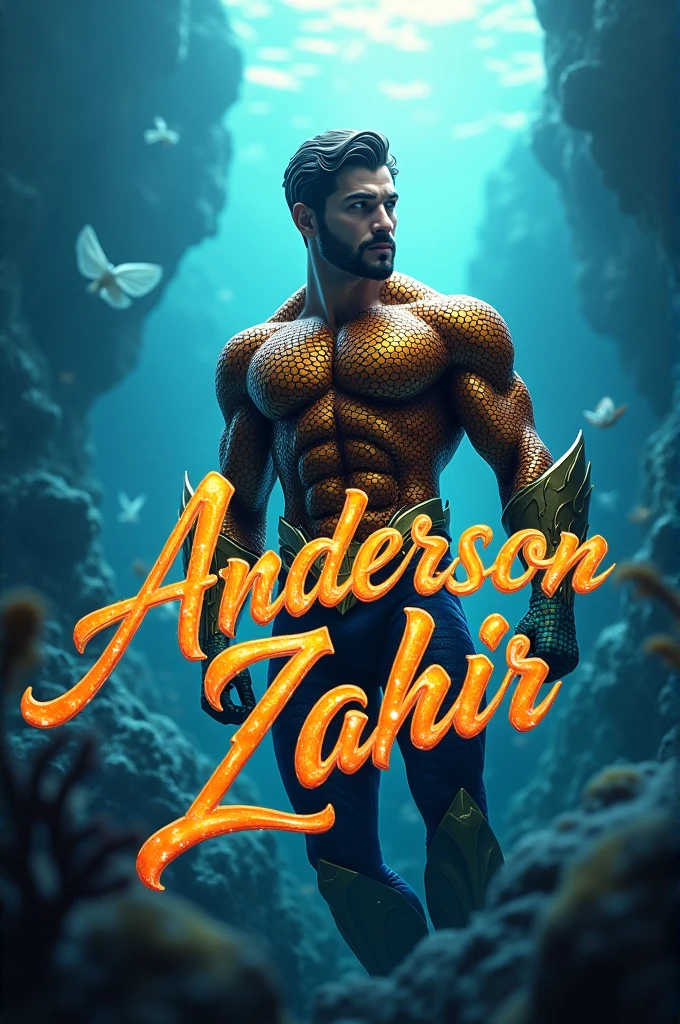 Image with the name anderson zahir in cursive letters with the background of the animated superhero aquaman 3D art