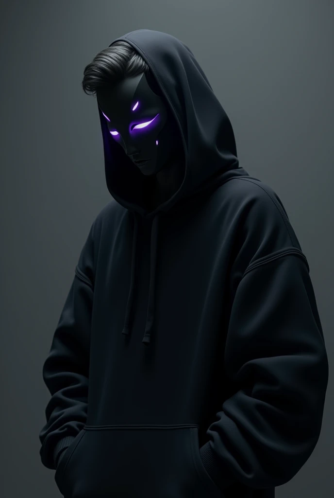 Here is the detailed description of your character with the new details:

**name:** [You can choose a name]

**Appearance:**
- **mask:** a black mask, covering the whole face, with a simple and elegant design that only leaves the eyes visible. The mask has a matte finish and looks slightly futuristic..
- **eyeballs:** eyeballs baixos e levemente tristes, illuminated by a soft purple light that gives a supernatural and mysterious tone. The purple lighting highlights the sadness in her eyes, while adding an intimidating and enigmatic aura.
- **body hair:** body hair levemente arrepiado, Dark in color, as if it had been quickly styled. The texture is a bit messy, but intentionally, creating a feeling of rebellion and carelessness.
- **vestimentas:** black sweatshirt, with a large hood that can be pulled over your head to further conceal your identity. The sweatshirt is made of a comfortable material, but with a modern and stylized touch. It can have subtle details in matte black or a different texture that enhances the look without distracting..
- **stance:** The posture is slightly hunched over, suggesting an emotional burden. His body is erect enough to convey an imposing presence., but his downcast gaze and the way he moves convey a feeling of melancholy.

**Personalidade:**
- **Sad and Intimidating