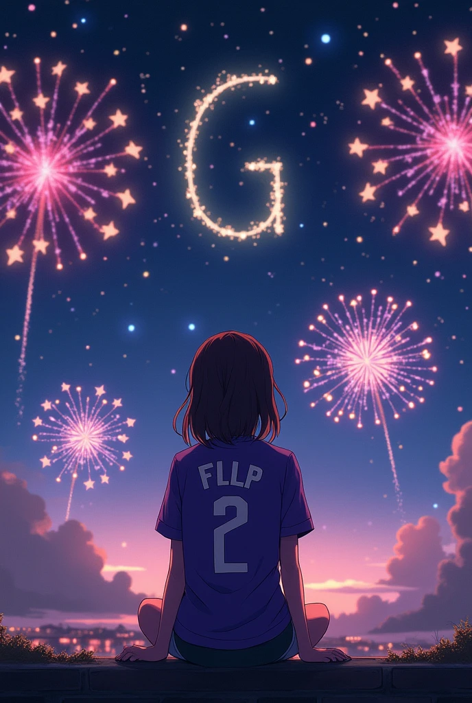 High quality photography, 19 year old girl sitting with her back turned at night watching the stars, and in the background the letter G with fireworks, The girl has a purple shirt with the initials FLLP on her back with the number 2, anime drawings