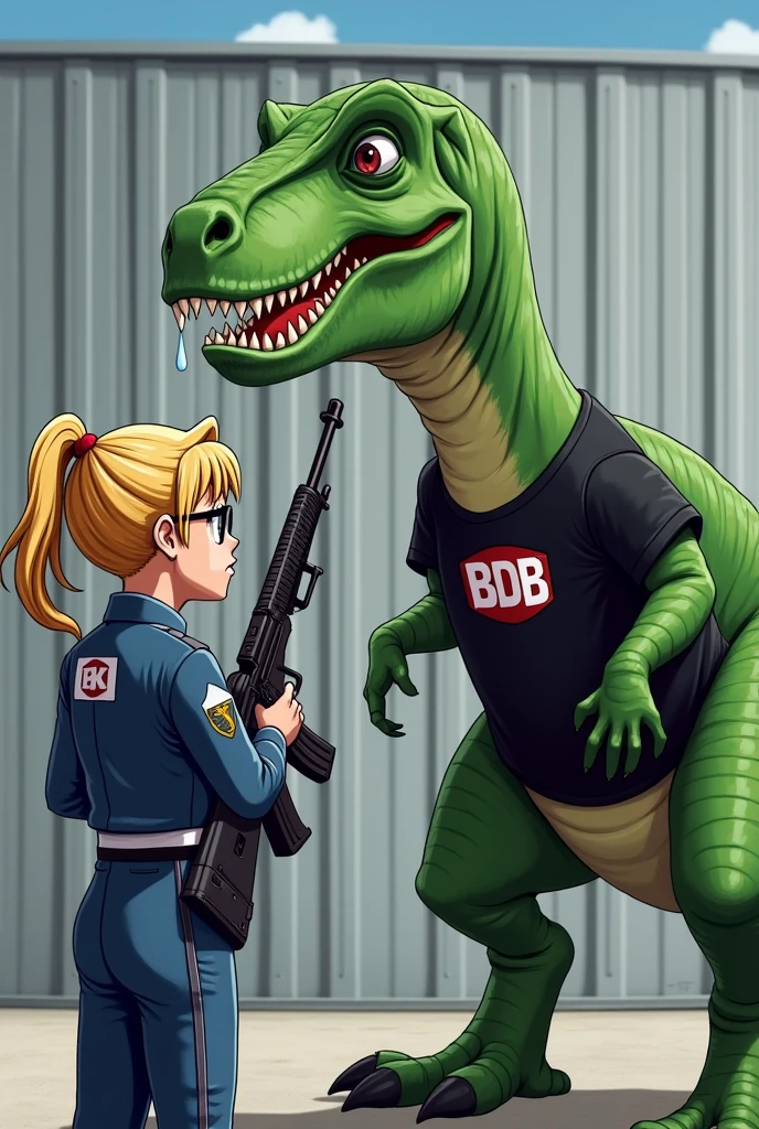 Femme blonde en training bleu et blanc avec des lunettes avec une inscription BK dans le dos.
La fille menace avec un fusil un T-rex vert avec un tshirt noir avec le logo BDB, mode cartoon, fond devant un grand batiment gris en metal, le t-rex pleure des grosses larmes
