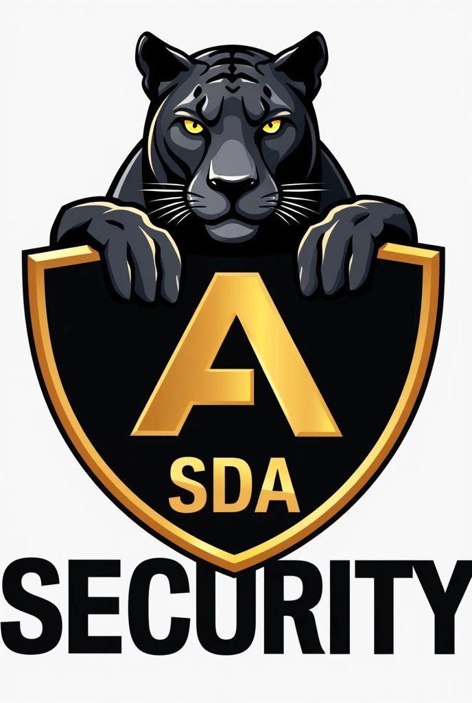 A logo for a security company (SDA Security) There should be a sign with the colors black and gold and in the sign the letters A and around the sign a black jaguar and under the sign SDA Security