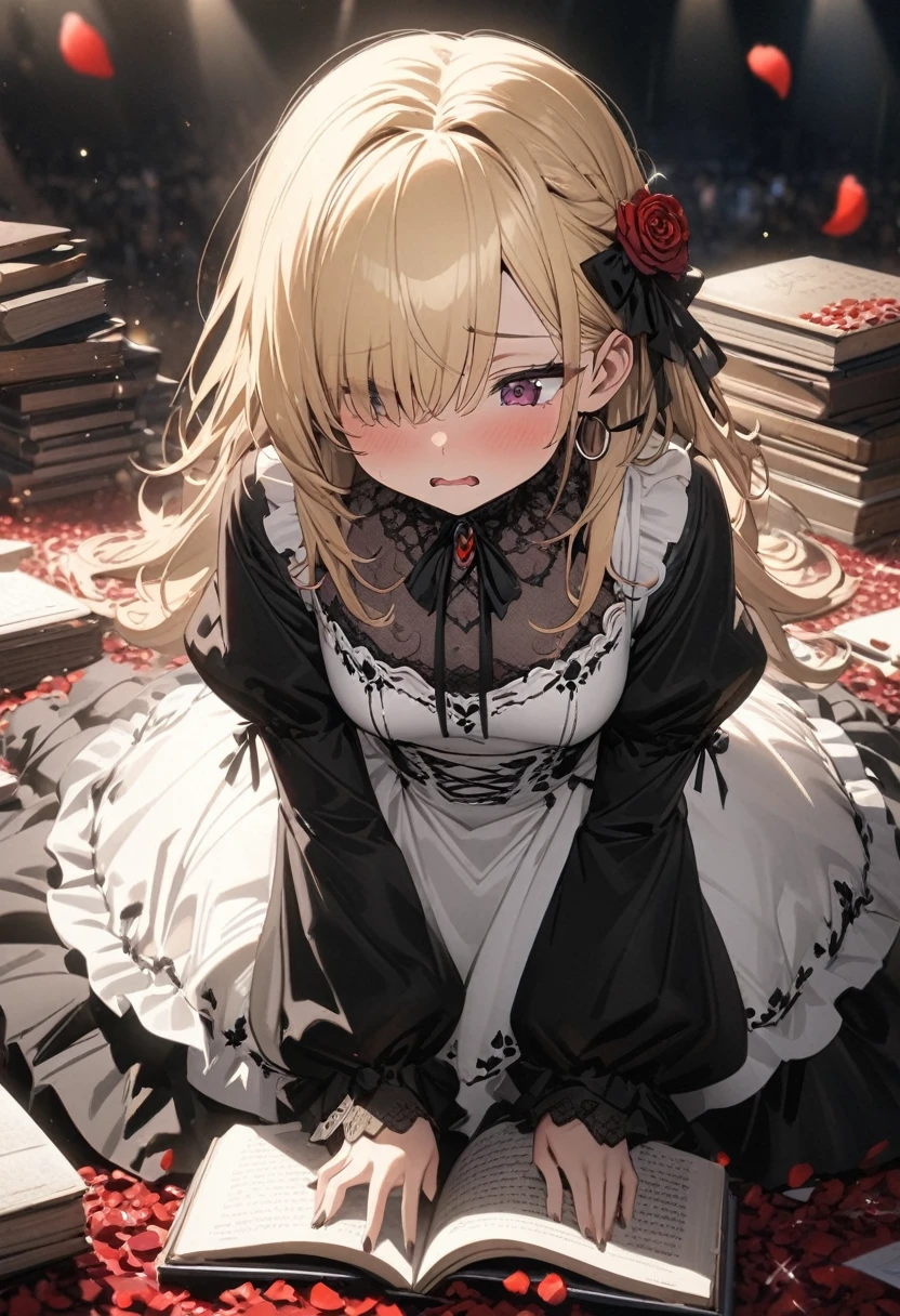 ((masterpiece)), (anime:1.3), ((Highest quality)), (Professional photography:1.3), (Super Detail:1.2), (High resolution:1.3), (), 8k, Lens flare, Wide Shot, Textured skin, Cinema Lighting, One person, ((Beautiful Gothic ta Pure White Dress)), (Very hoop dress), Luxury Rose Embroidery, Cute innocent girl, (Hair on one eye), Slim and small chested, (Long, silky blonde hair), (Gothic makeup), Beautiful Hair, (Anguished expression), (Cute sparkle), (Healthy Body), ((It is placed on top of a pile of books)), (The rose petals are scattered), Particles of light, (Sharp focus), (Perfect light),