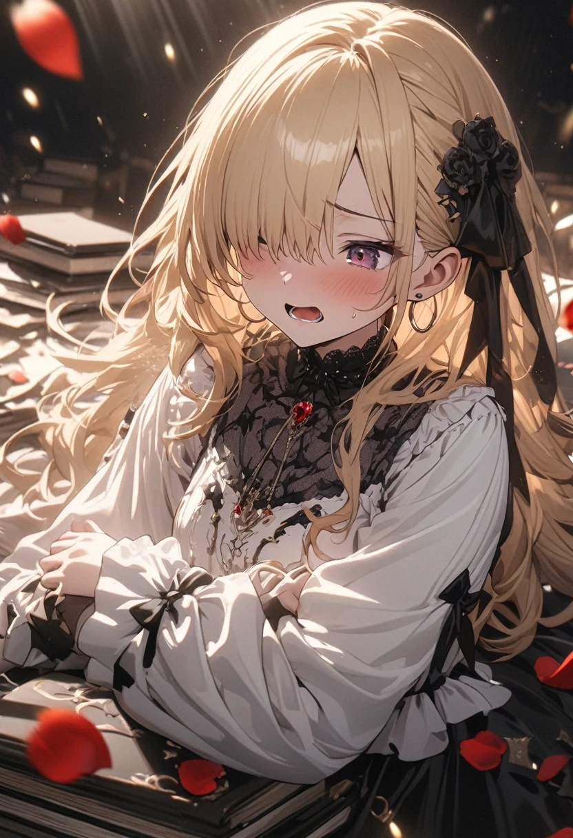((masterpiece)), (anime:1.3), ((Highest quality)), (Professional photography:1.3), (Super Detail:1.2), (High resolution:1.3), (), 8k, Lens flare, Wide Shot, Textured skin, Cinema Lighting, One person, ((Beautiful Gothic Lolita Pure White Dress)), (Very hoop dress), Luxury Rose Embroidery, Cute innocent girl, (Hair on one eye), Slim and small chested, (Long, silky blonde hair), (Gothic makeup), Beautiful Hair, (Anguished expression), (Cute sparkle), (Healthy Body), ((It is placed on top of a pile of books)), (The rose petals are scattered), Particles of light, (Sharp focus), (Perfect light),
