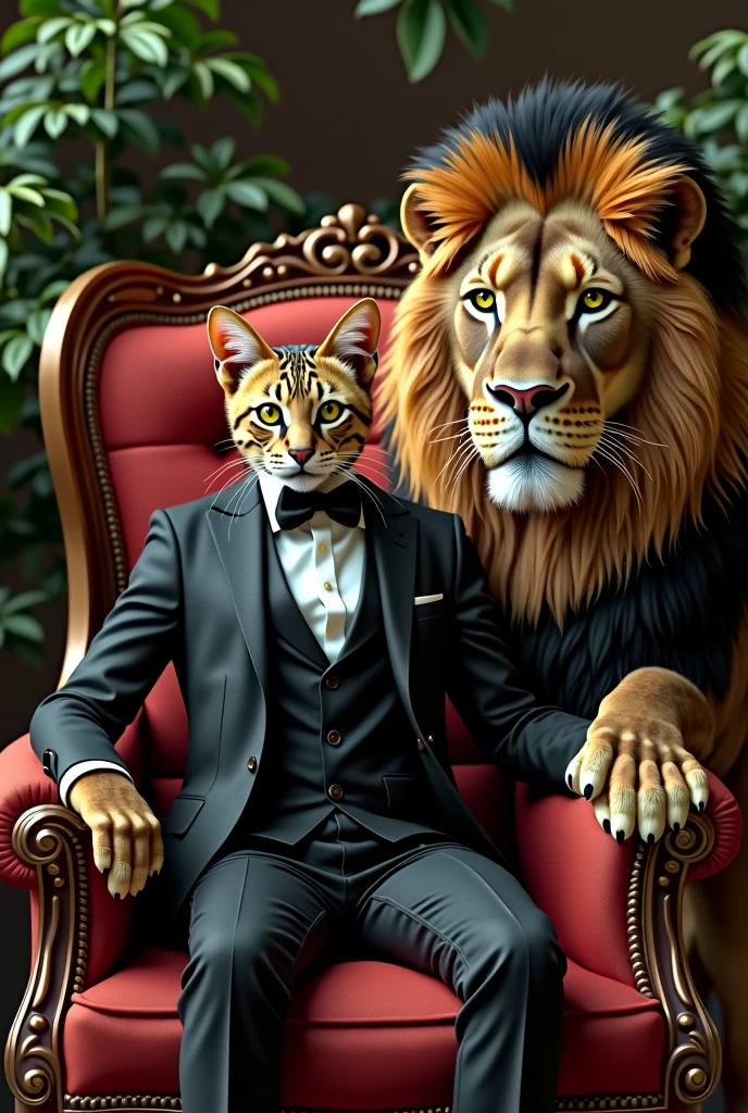 Very rich Savannah cat wearing an elegant suit sitting on a luxurious chair and next to him a realistic Atlas lion, real, high-resolution details, full picture