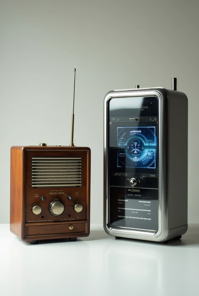 image as a base an old radio the first radio in the world then create a technological radio as a base the first radio
