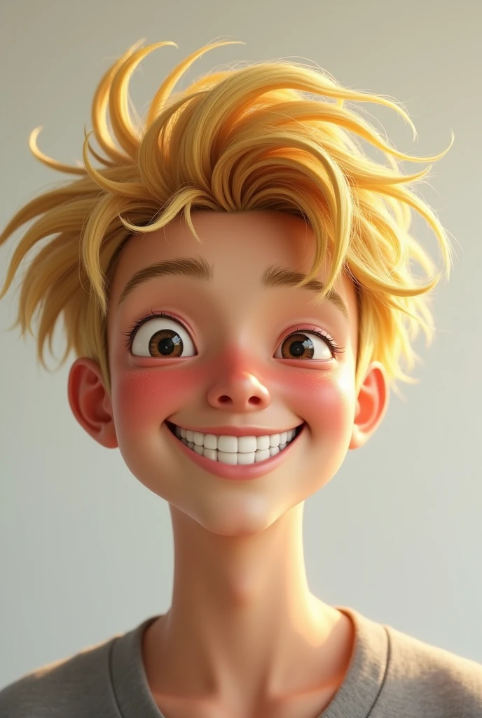 Asian man with straight blonde hair messed up by the wind, with a wide, mischievous smile
