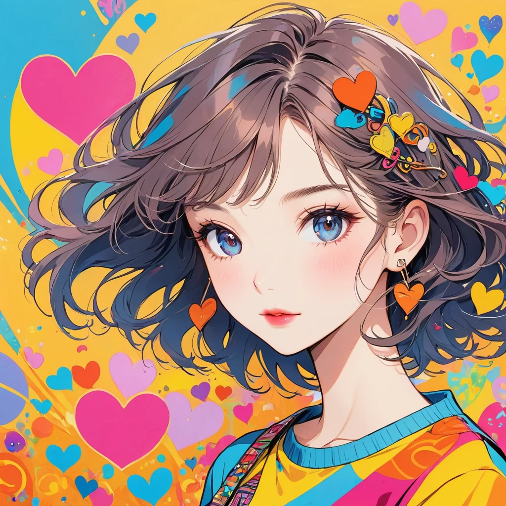 Keith Haring colorful style, Simple Line Initialism,Abstract art,Urban Background, (((The most beautiful girl of all time))), Sweet face. Lips in love, colorful hearts, stylish design