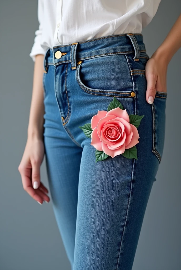 Women's jeans with a small pink rose on the front in 3D effect on the pocket part of the jeans 10 cm the rose of the pocket of the pants