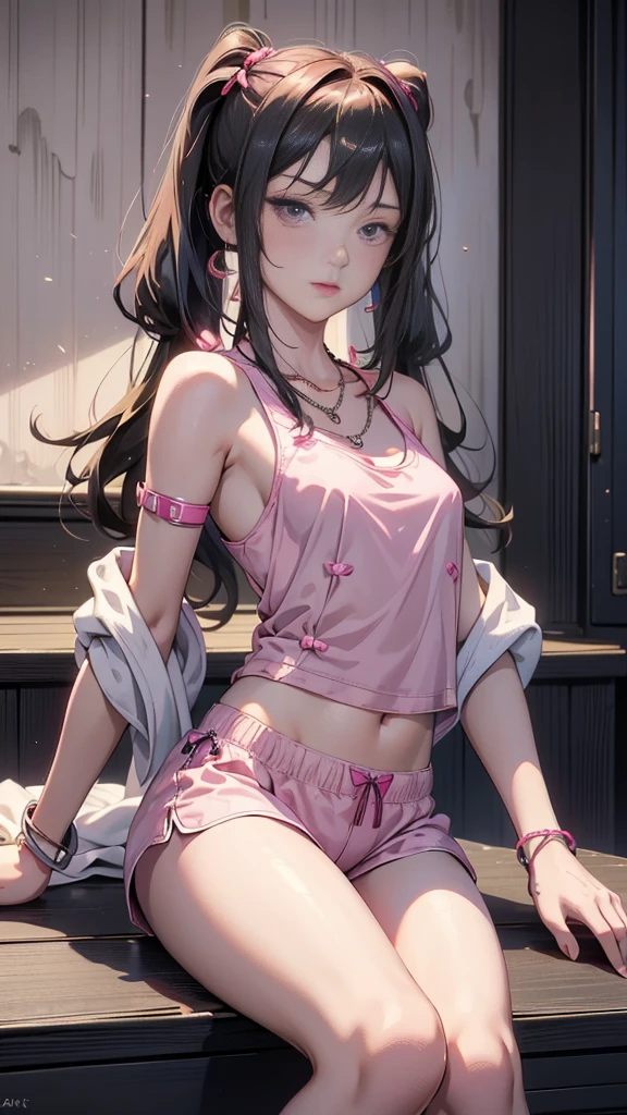 masterpiece, high detailed picture, high quality picture, 16k, 1 girl, wearing very small pink pajama shorts and pajama tank top, pink thighhighs, leaning against a kitchen counter, long black hair, two thin pigtails, necklaces, bracelets, looking straight at viewer, accurate hands and fingers, face