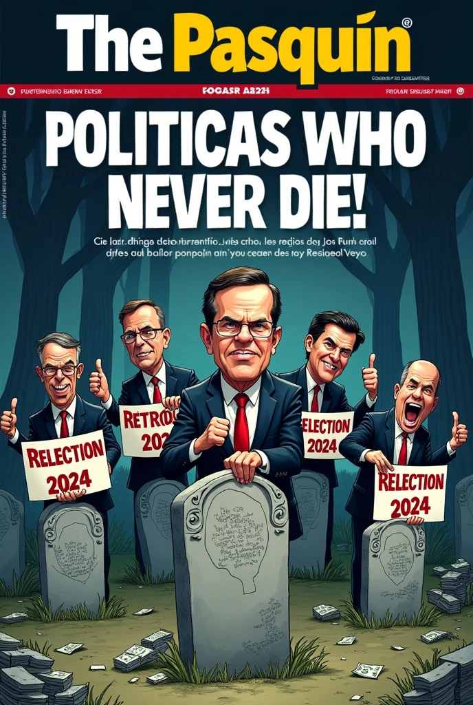 Make a Newspaper Cover with Title: The Pasquin, and the subtitle:“The Return of the Living Dead”: Politicians Who Never Die!” make the image Illustration on the Cover in Portuguese: A cartoon of politicians rising from graves labeled with corruption scandals like “Mensalão”, “Petrolão” and “CPI of NGOs”, everyone with smiles and holding “Reelection 2024” signs.
