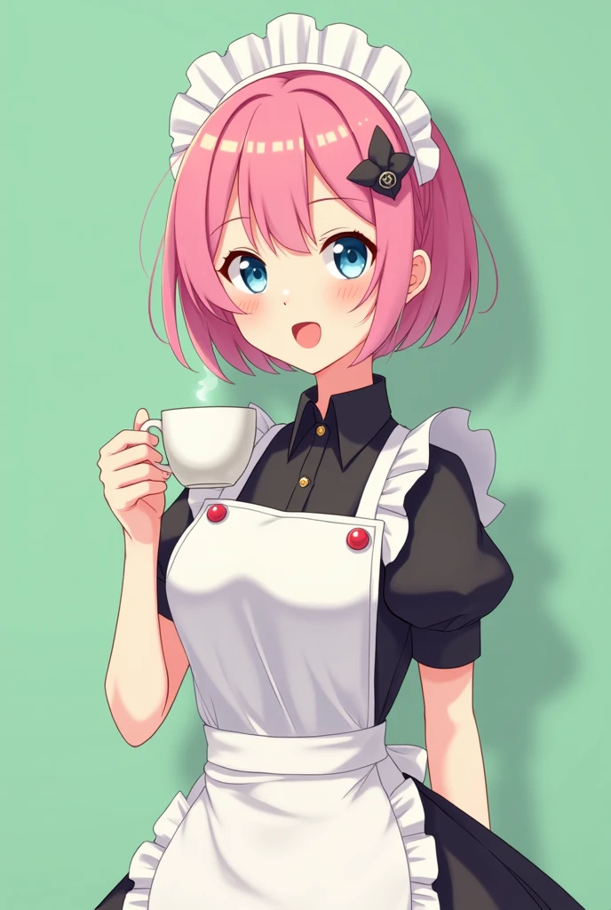 Cafe maid holding a cup of coffee in her left hand with short pink hair, blue eyes, a sensual and happy expression, age range between 18 and 26 years, anime style completely in 2D, with pastel colors, with a completely flat and green background