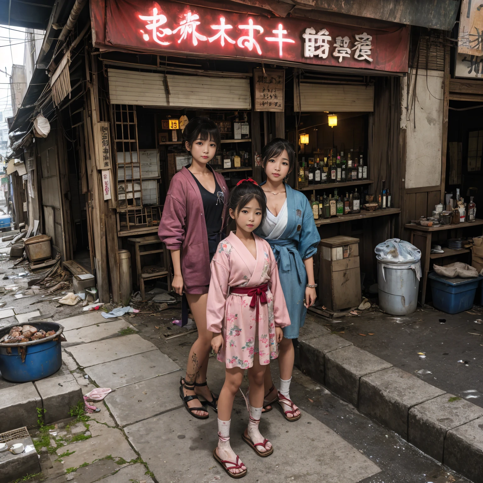 
((masterpiece、Highest quality))、Beautiful girls gather.、Three girls in summer clothes、(Showa Retro:1.2)、(Detailed and cute face:1.3)、(Poor conditions、Japan's poor neighborhoods、Dim and unsanitary、Standing Bar、みんなで楽しくdiet、Crumbling underground shopping mall)、屋台のdiet店、stage、sewage、Dirty shop、street vendors、Unsanitary and abandoned city、smile、diet、Poor person々