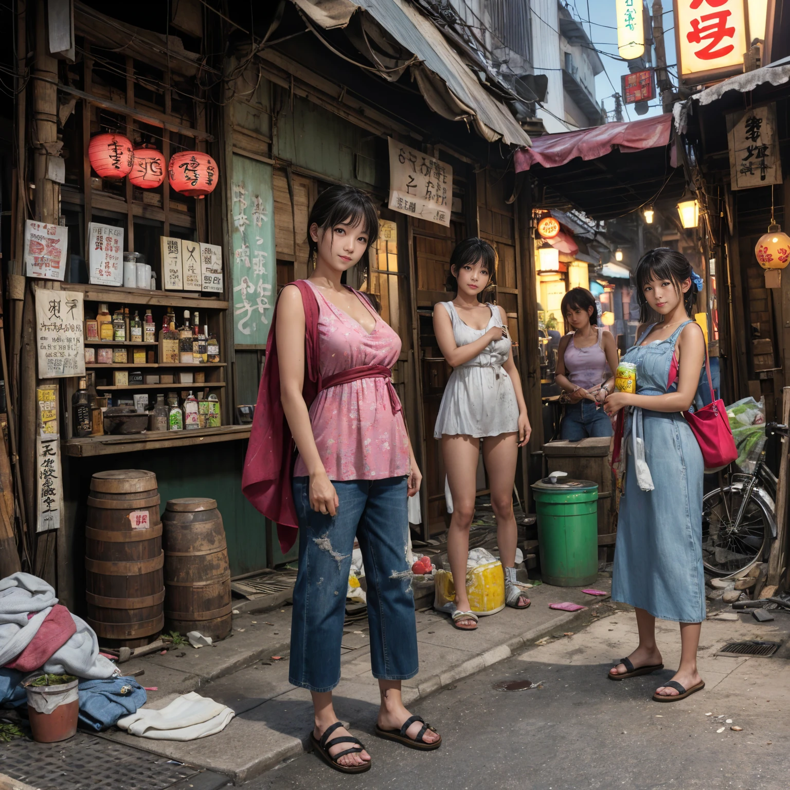 
((masterpiece、Highest quality))、Beautiful girls gather.、Three girls in summer clothes、(Showa Retro:1.2)、(Detailed and cute face:1.3)、(Poor conditions、Japan's poor neighborhoods、Dim and unsanitary、Standing Bar、みんなで楽しくdiet、Crumbling underground shopping mall)、屋台のdiet店、stage、sewage、Dirty shop、street vendors、Unsanitary and abandoned city、smile、diet、Poor person々