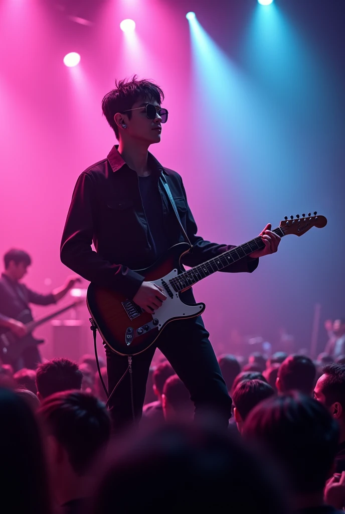 "/imagine a Korean jazz musician two block hair wear sunglasses playing a semi-hollow guitar on stage, thousands of audience, neon lights, stylish Korean fashion"