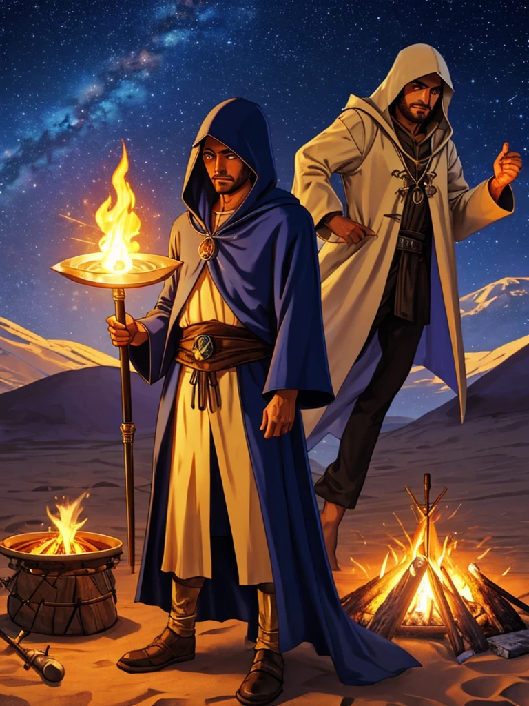 arabian hooded robed alchemist man. he looks defensive. in the desert with mystical starry night sky. holding a scimitar. standing on a carpeted campsite, with a campfire and potions and vials