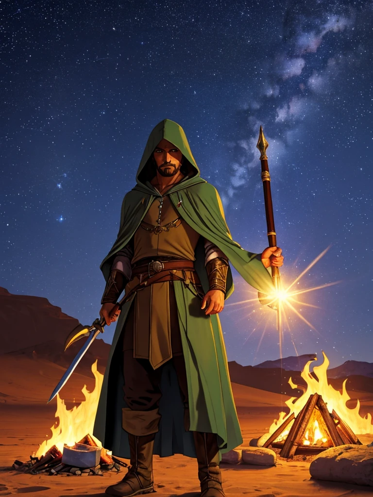 arabian hooded robed alchemist man. he looks defensive. in the desert with mystical starry night sky. holding a scimitar. standing on a carpeted campsite, with a campfire and potions and vials 