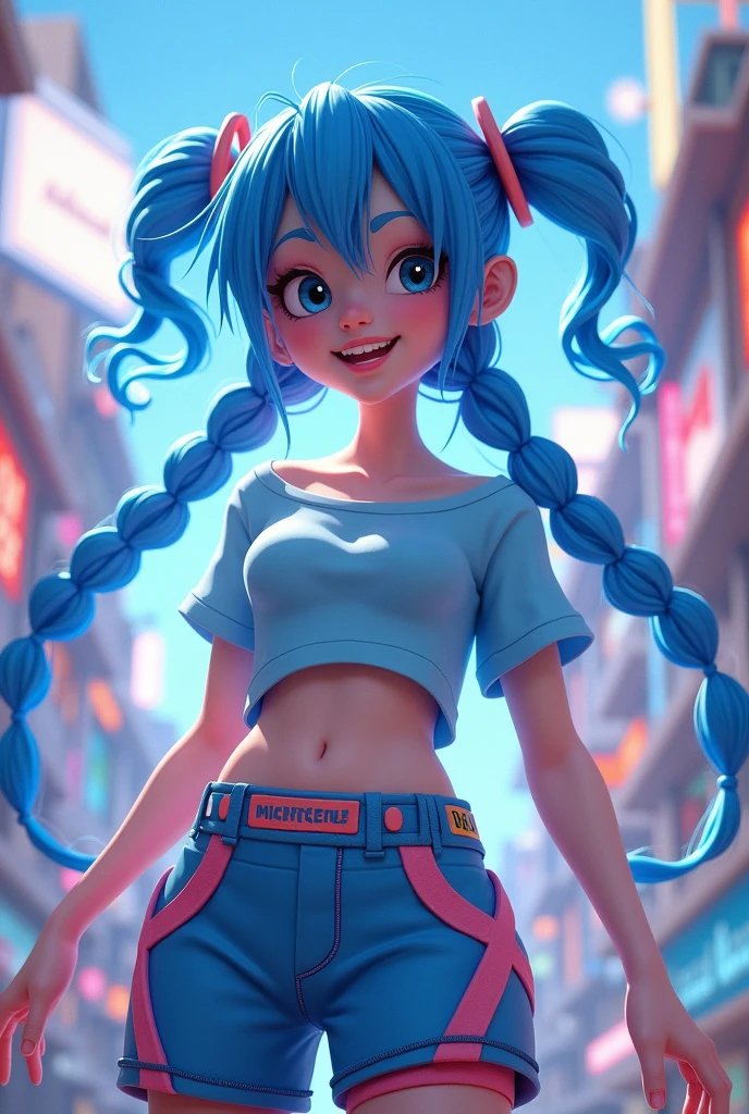 Blue hair in braids, Light blue blouse, Gamer pants animation 