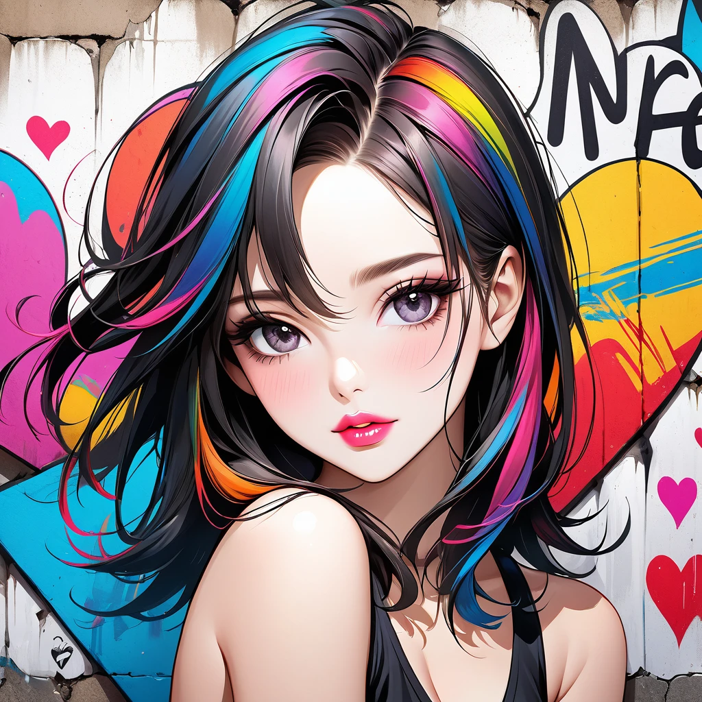 Ultra-realism Micho colorful style, Simple Line Initialism,Abstract art,(((The most beautiful girl of all time))), Sweet face. Lips in love, colorful hearts, stylish design, Summer beach fashion, Dark Eyes, Graffiti on the wall