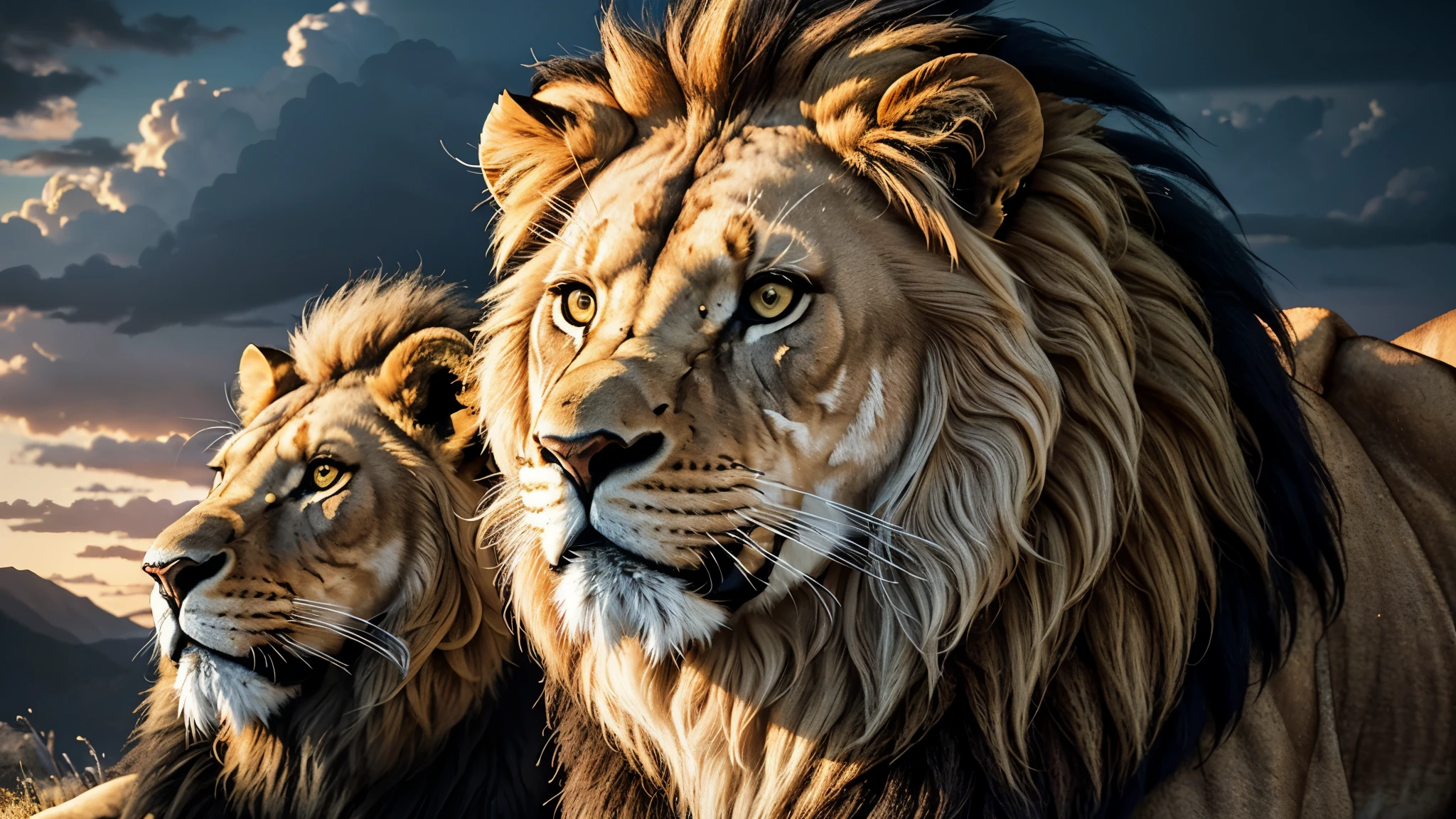 Lion, Divine Lion, naturals, naturals, ferocious, masculine, mighty, golden lion, Powerful Lion, beautiful nature, Great Realistic Lion, FullHD 8k, Light of sky, sunset night, Clear sky Sun, golden black, black andwhite, black and gold, detailed realistic face, 8k Detailed Realistic White Lion, ultrarealistic 8k |Energia de thunder realista detalhada, Strong Creature realista detalhada, Strong Creature, Lion macho, Rendering, Fotorrealista 8k, UltraHD Alta definição 8k, Detailed Realistic 16k, Nitidez Fotorrealista 8k, 16K photorealistic textures, Contraste Fotorrealista 8k, Sombras Fotorrealistas 8k, Luzes Fotorrealistas 8k, Detailed Realistic Sunset, Detailed Realistic Lion Face, Detailed realistic light, detailed textures, thunder, detailed shadows, detailed colors, Celestial Electricity, Golden thunder, Lion realista, Ultra Realistic 16k, Realistic 16k, Realistic 16k sharpness, 16K photorealistic textures, 16K realistic colors, powerful creature, Majestic power, Power of Heaven, Great Divine, detailed contrast, realistic contrast, high resolution, detailed colors, fire, villany, divine creature, 8k, realistic detailed, 16K, 8k, High definition, detailed contrast, realistic contrast, high resolution, detailed colors, fire, villany, divine creature, realistic detailed, posh, chic