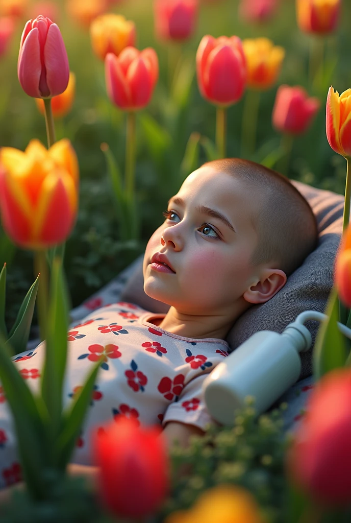 An imperial pain, where a 16 year old girl has cancer, with very short hair, has a respirator (the tubes through the sea connected to an oxygen tank) but it is located in a field of tulips