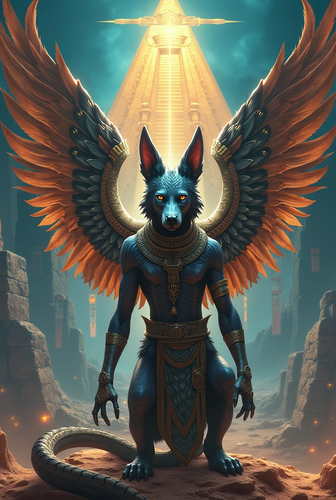 An image of an Anubis fused with a Quetzalcoatl with a futuristic background of Mayan and Egyptian culture fused

