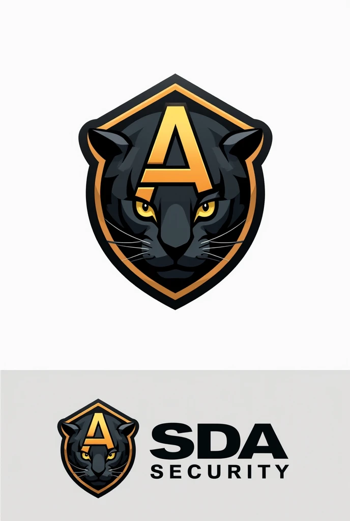 A logo for a security company (SDA Security) There should be a sign with the colors black and gold and in the sign the letters A and around the sign a black jaguar and under the sign SDA Security