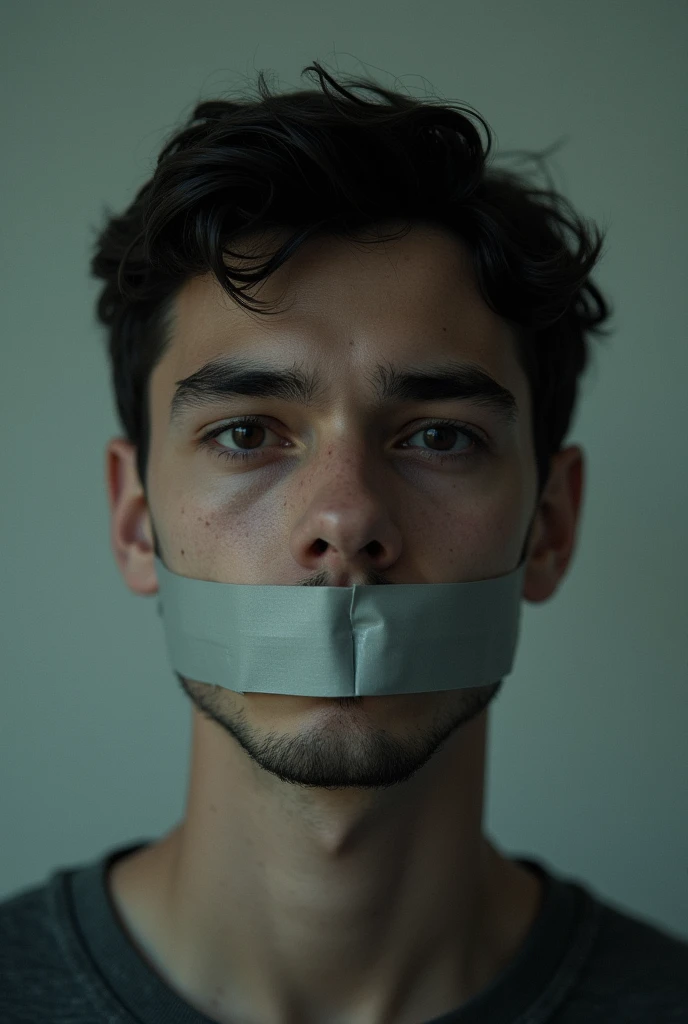 Young man with his mouth taped shut