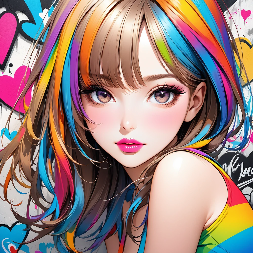 Ultra-realism Micho colorful style, Simple Line Initialism,Abstract art,(((The most beautiful girl of all time))), Sweet face. Lips in love, colorful hearts, stylish design, Summer beach fashion, Dark Eyes, Graffiti on the wall