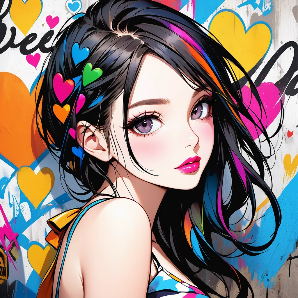 Ultra-realism Micho colorful style, Simple Line Initialism，Abstract art，(((The most beautiful girl of all time))), Sweet face. Lips in love, colorful hearts, stylish design, Summer beach fashion, Dark Eyes, Graffiti on the wall